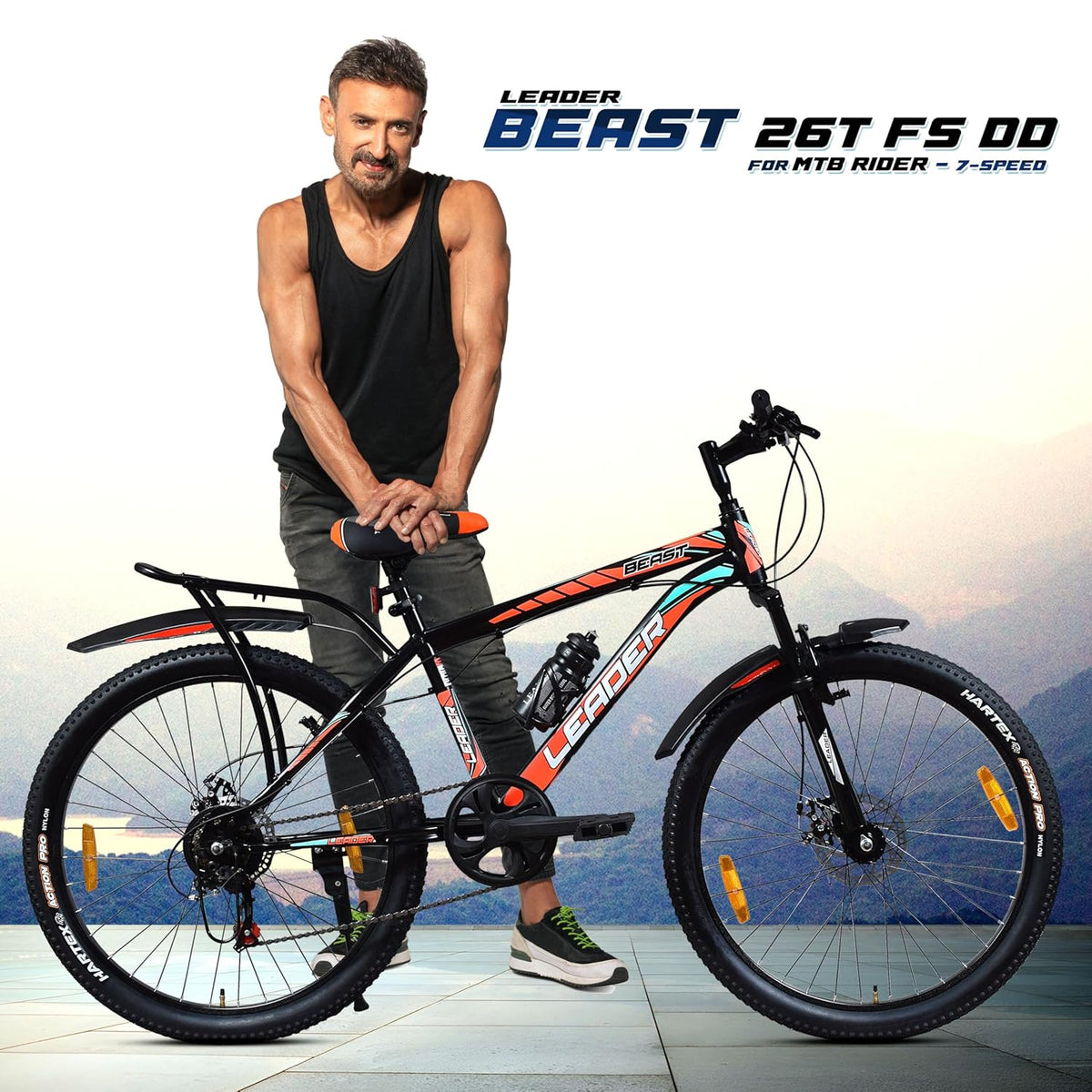 Leader Beast 26T IBC Premium 7 Speed Cycle for Men with inbuilt Carrier | City/Mountain Bike with Front Suspension & Dual Disc Brakes | Gear Bicycle for Men | Ideal for 10+ Years – Matt Black