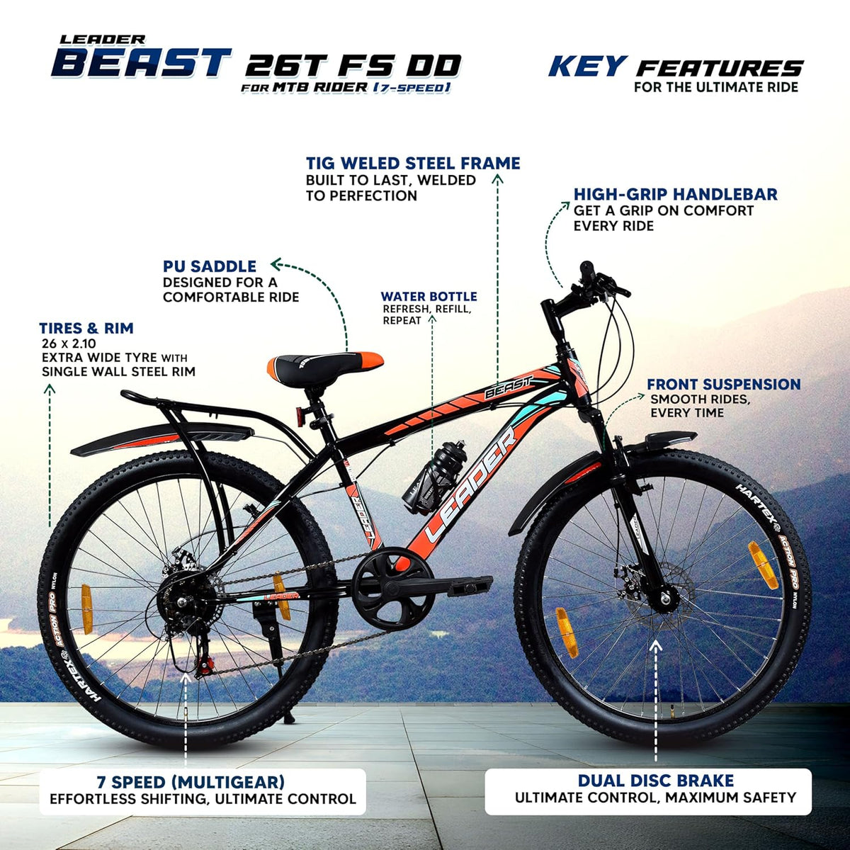 Leader Beast 26T IBC Premium 7 Speed Cycle for Men with inbuilt Carrier | City/Mountain Bike with Front Suspension & Dual Disc Brakes | Gear Bicycle for Men | Ideal for 10+ Years – Matt Black