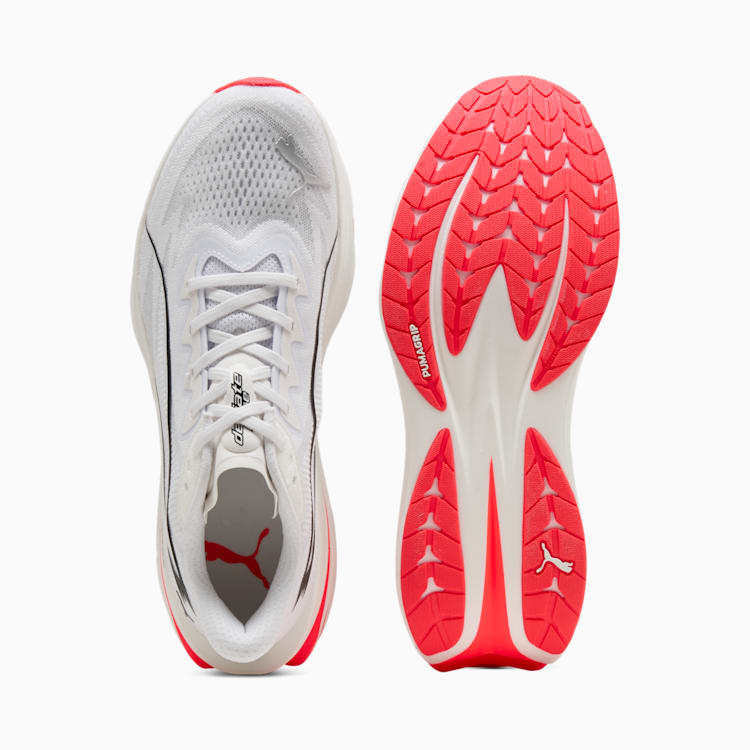Aerodynamic White Sports Shoes with Red Sole Detail