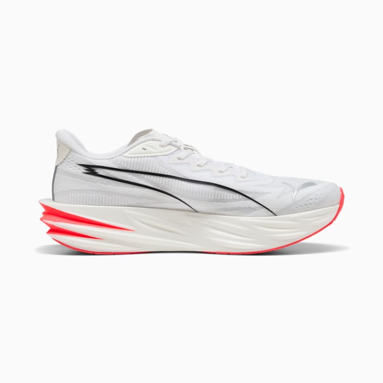 Aerodynamic White Sports Shoes with Red Sole Detail