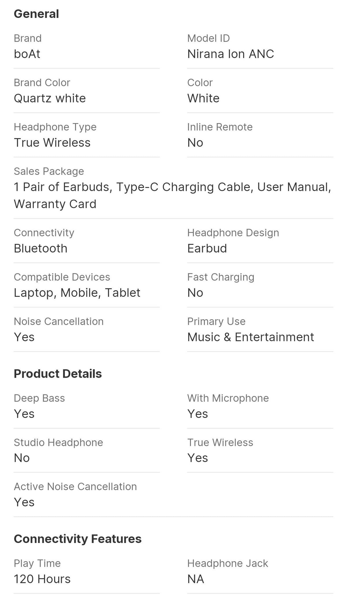 boAt Nirvana Ion 32dB Active Noise Cancellation, 120HRS, Bionic Mode, HIFI5 Bluetooth Headset (Quartz white, True Wireless) - Image 3