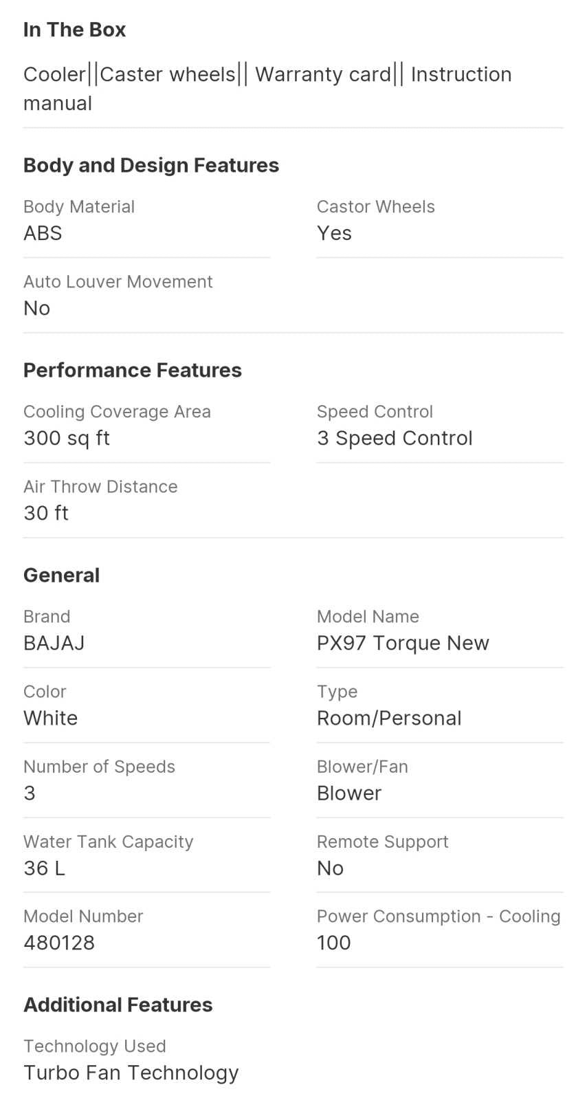 BAJAJ 36 L Room/Personal Air Cooler (White, PX97 TORQUE NEW) - Image 3