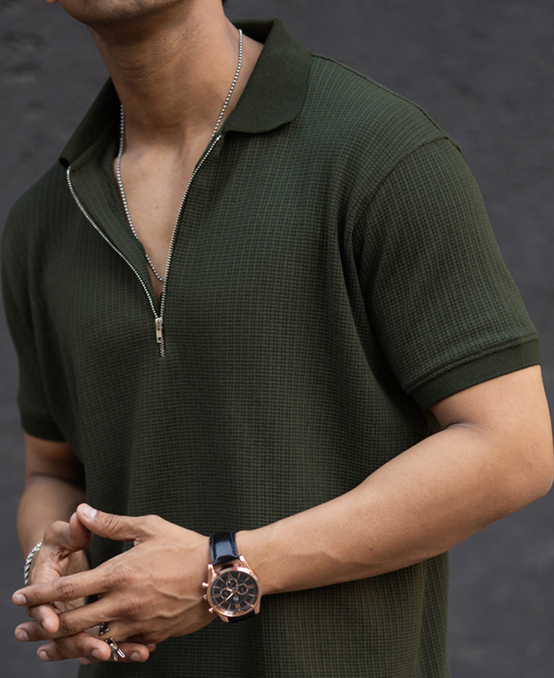 Dark Green Structured Half Sleeves Zipper T Shirt