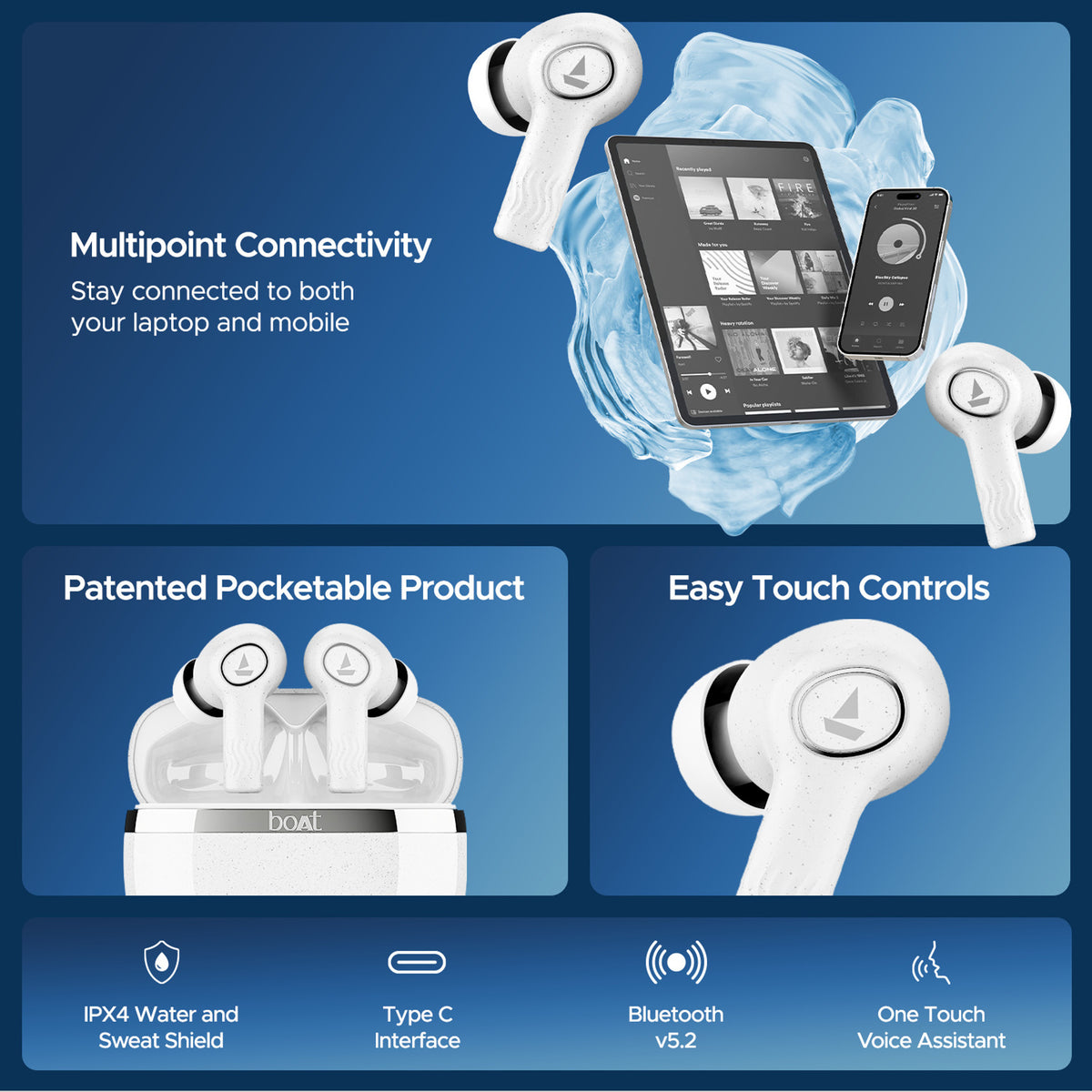 boAt Nirvana Ion 32dB Active Noise Cancellation, 120HRS, Bionic Mode, HIFI5 Bluetooth Headset (Quartz white, True Wireless)