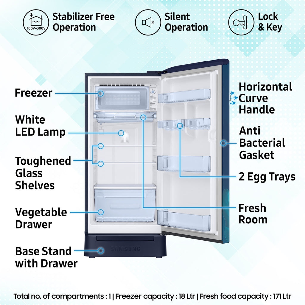 Samsung 189 L Direct Cool Single Door 5 Star Refrigerator with Base Drawer  with Digital Inverter (Paradise Bloom Blue, RR21D2H259U/HL)
