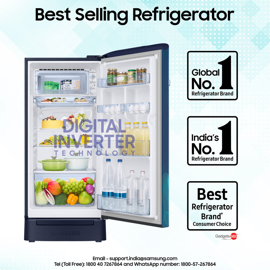 Samsung 189 L Direct Cool Single Door 5 Star Refrigerator with Base Drawer  with Digital Inverter (Paradise Bloom Blue, RR21D2H259U/HL)