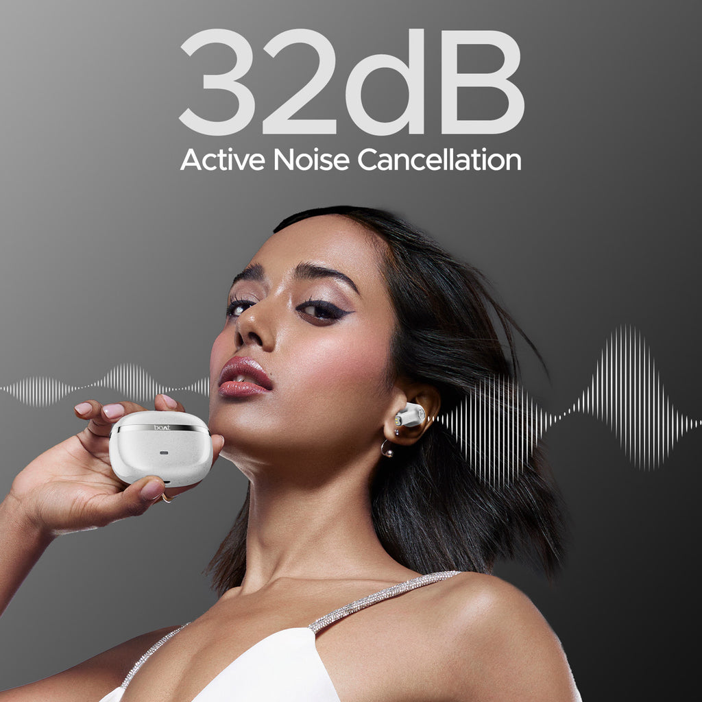 boAt Nirvana Ion 32dB Active Noise Cancellation, 120HRS, Bionic Mode, HIFI5 Bluetooth Headset (Quartz white, True Wireless)
