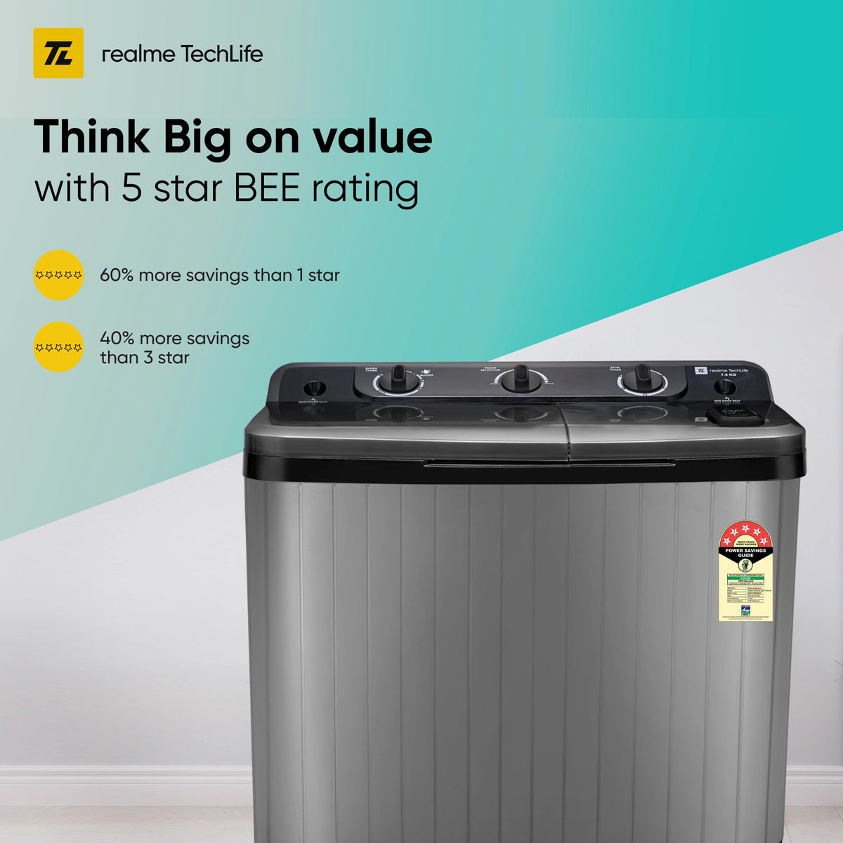 realme TechLife 7.5 kg 5 Star Rating Semi Automatic Top Load Black, Grey (RMSA755NNNDG)