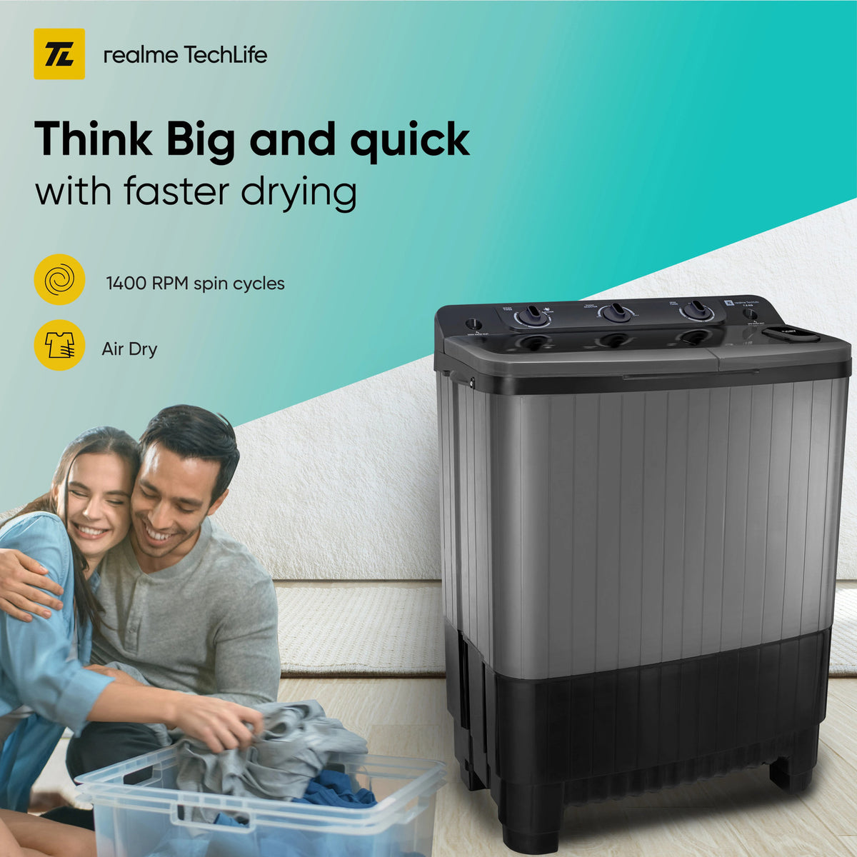 realme TechLife 7.5 kg 5 Star Rating Semi Automatic Top Load Black, Grey (RMSA755NNNDG)