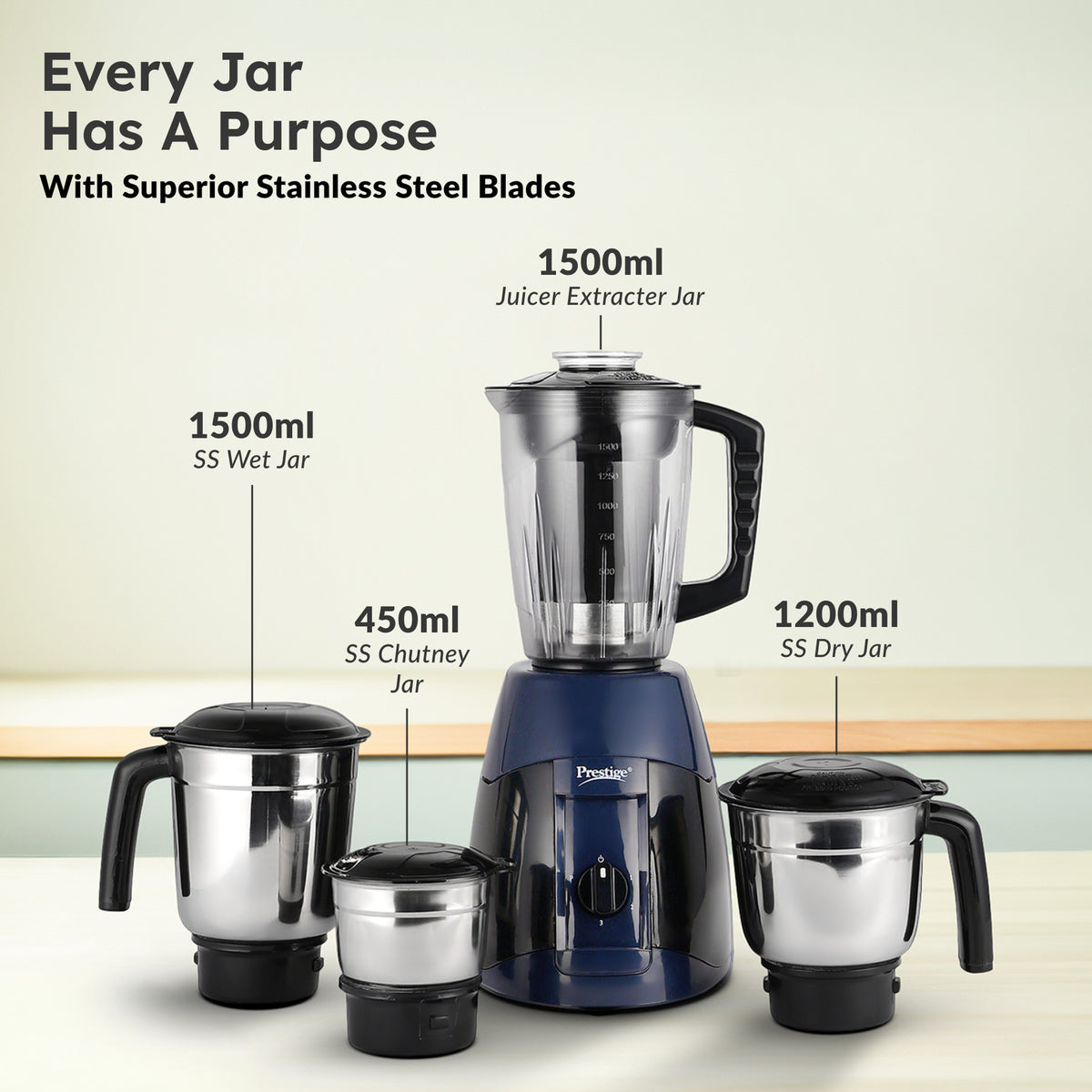 Prestige Supreme 750 W Juicer Mixer Grinder (Atlas supreme | 4 Jars | Black, Blue)
