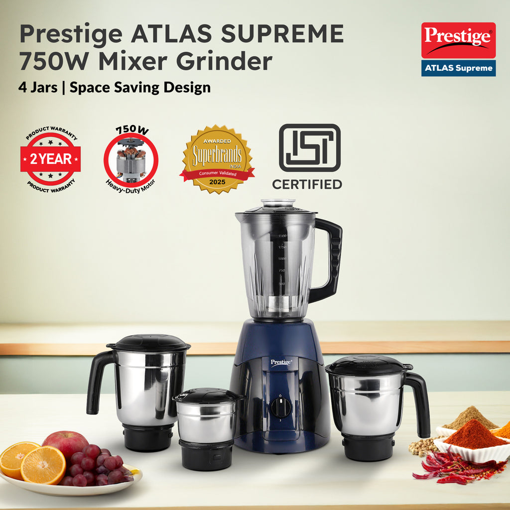Prestige Supreme 750 W Juicer Mixer Grinder (Atlas supreme | 4 Jars | Black, Blue)