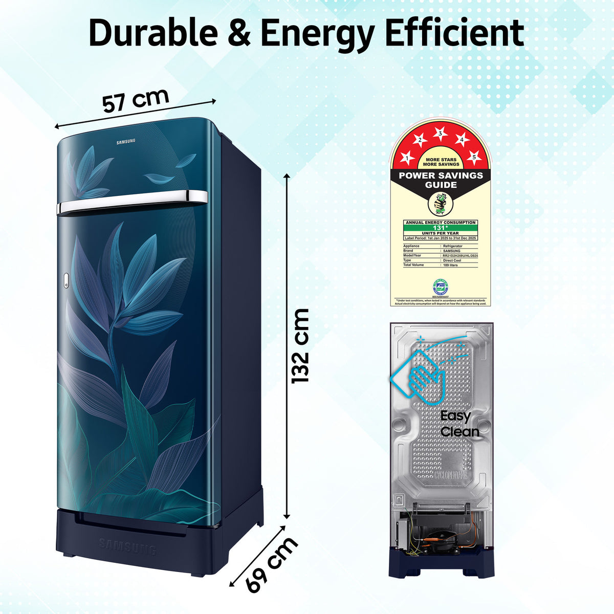 Samsung 189 L Direct Cool Single Door 5 Star Refrigerator with Base Drawer  with Digital Inverter (Paradise Bloom Blue, RR21D2H259U/HL)